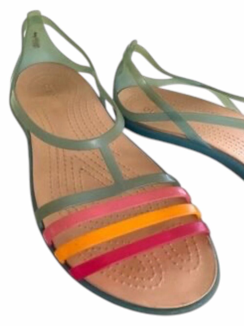 Crocs Isabella Green Multicolor Strappy T-Strap Jelly Sandals Women’s Size 10